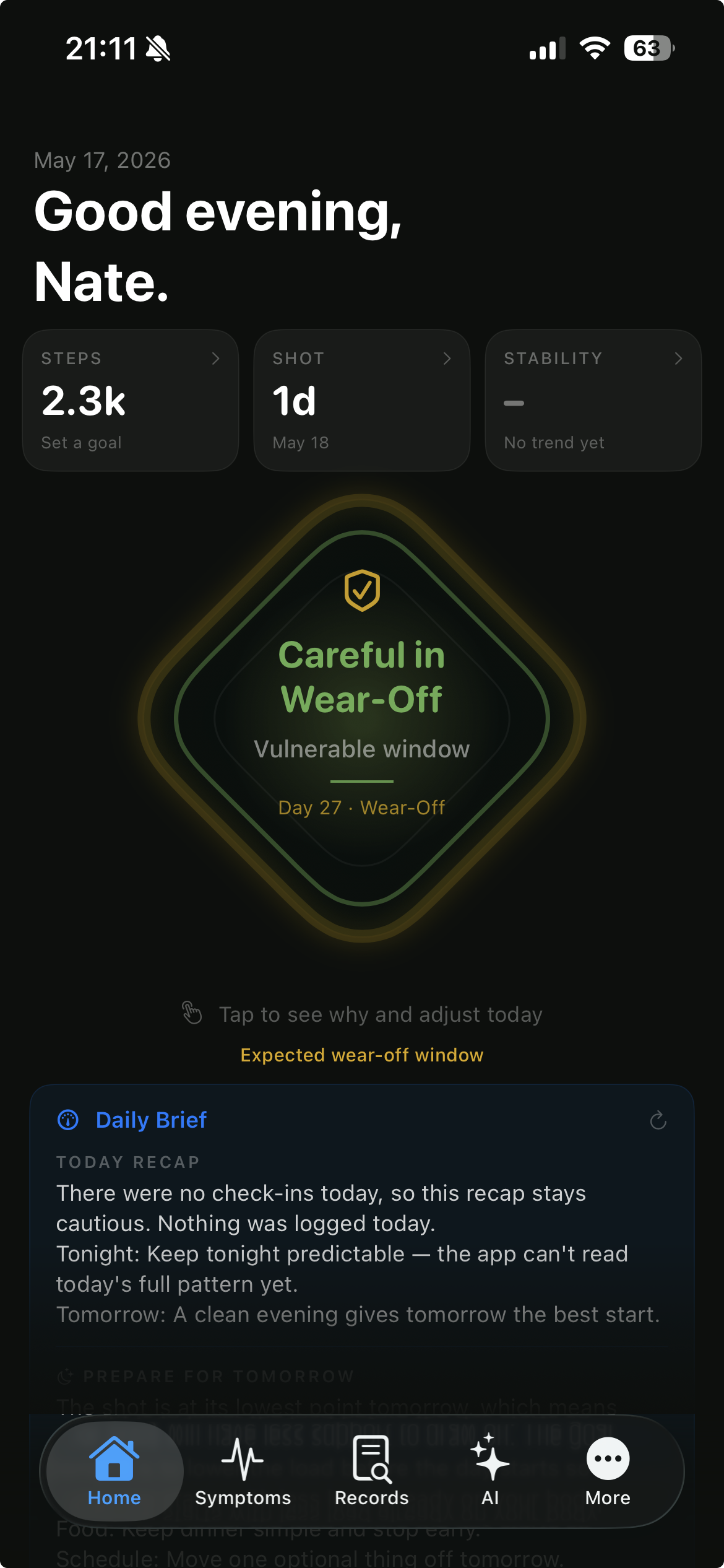 NET Tracker home screen showing stability score, daily brief, and food AI analysis
